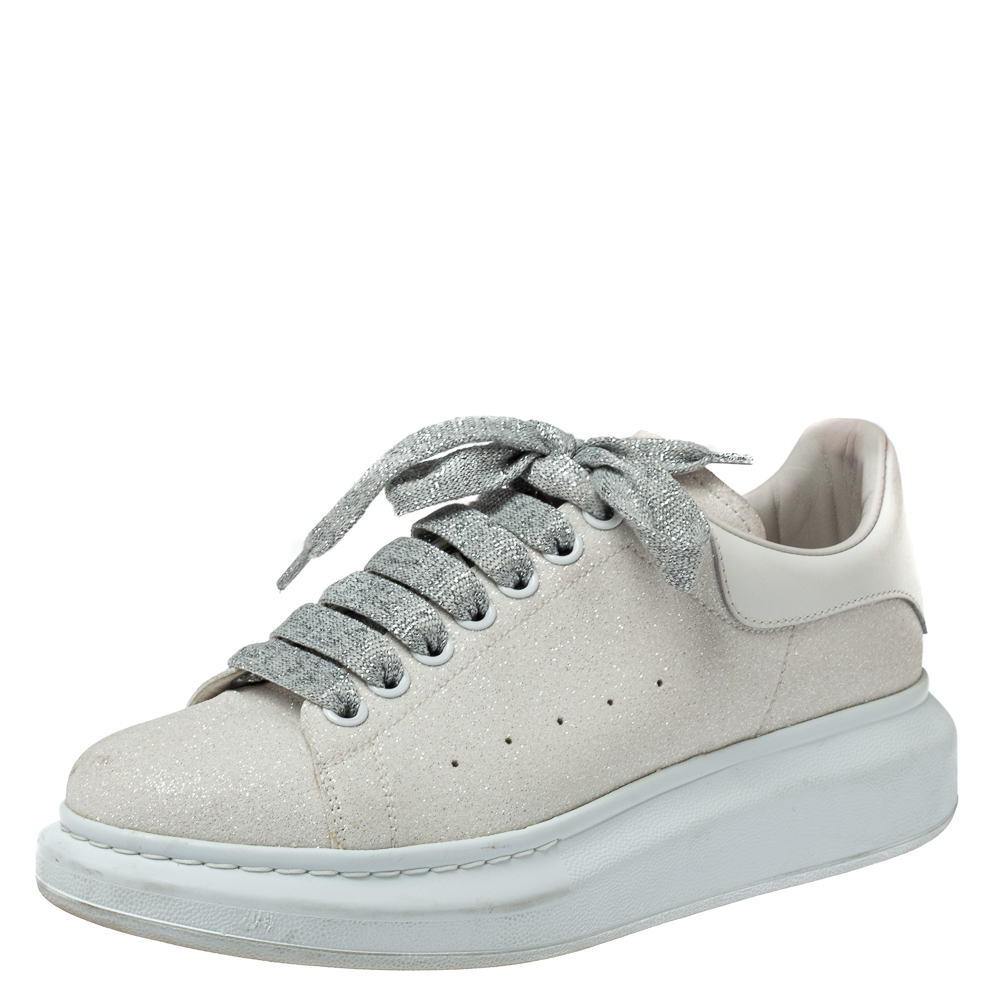 Image of Alexander McQueen White Glitter Low Top Sneakers Size