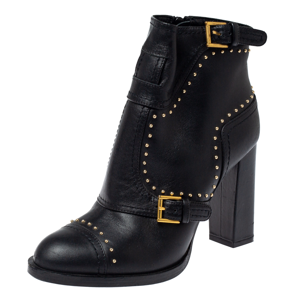 Image of Alexander McQueen Black Leather Studded Block Heel Ankle Boots Size