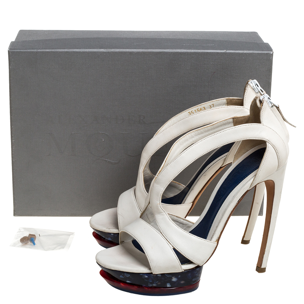 Alexander McQueen White Leather Double Arched Platform Sandals Size 37