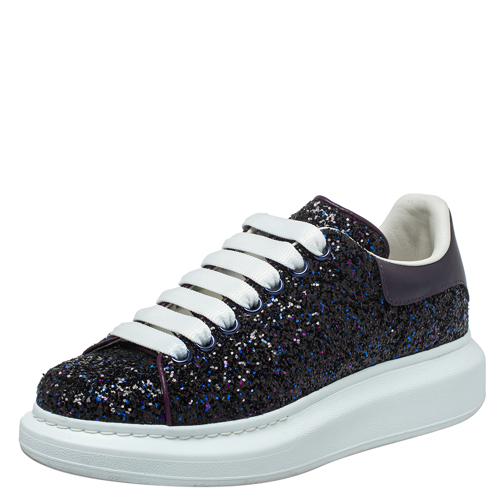 Alexander McQueen Multicolor Leather And Glitter Lace Up Sneakers Size 38