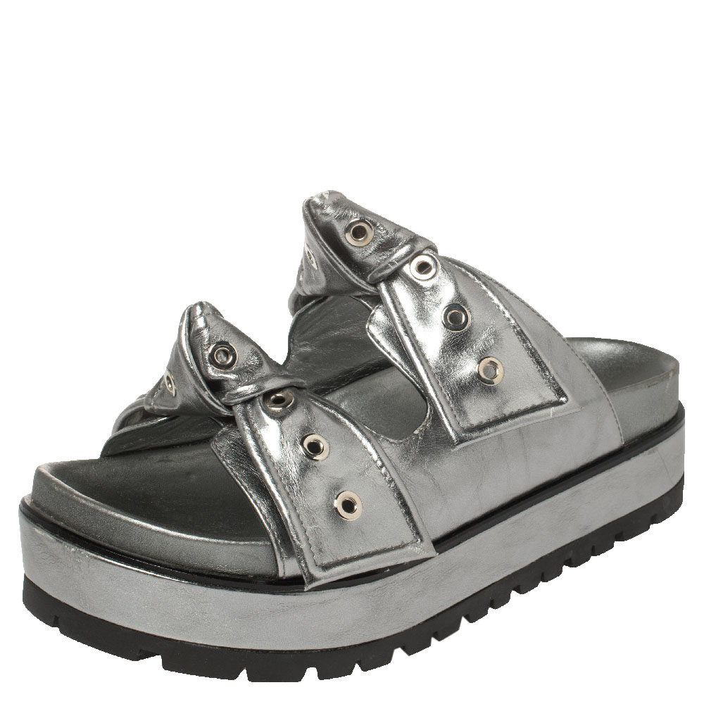 Alexander McQueen Metallic Grey Leather Birkenstock Rivet Bow Tie Slide Sandals Size 37