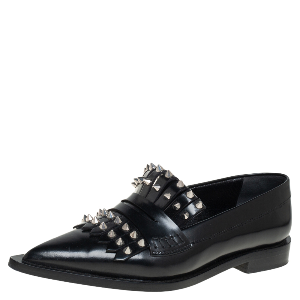 Alexander McQueen Black Leather Studded Pointed-Toe Loafer Size 36