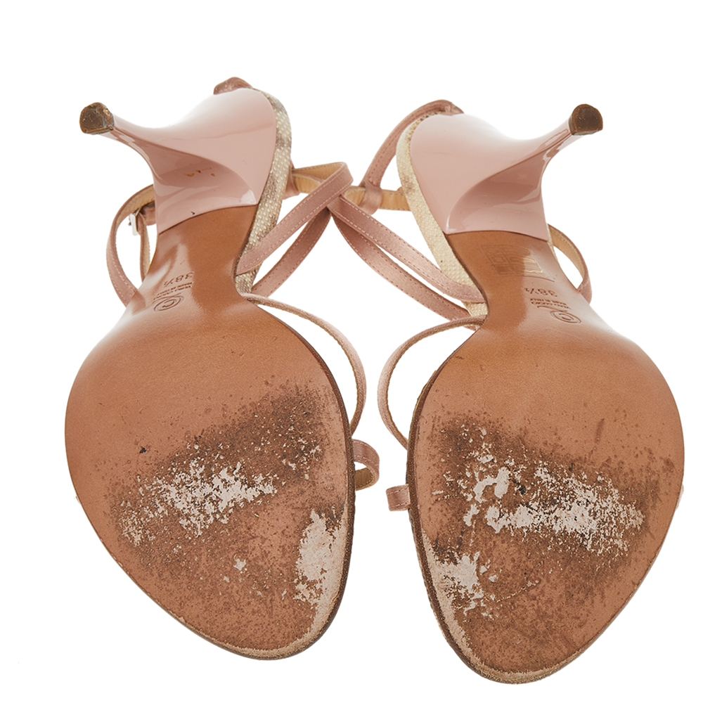 Alexander McQueen Beige Satin Crystal Embellished Strappy Sandals Size 38.5