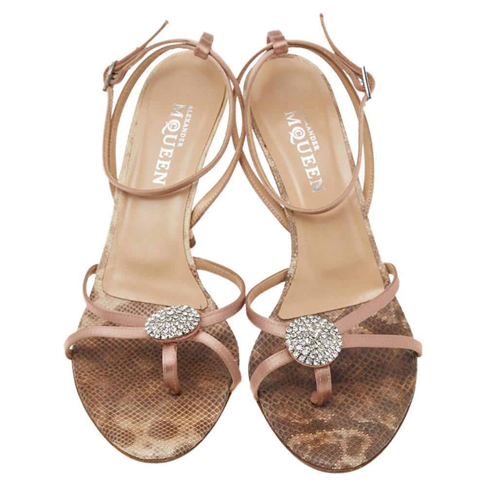 Alexander McQueen Beige Satin Crystal Embellished Strappy Sandals Size 38.5