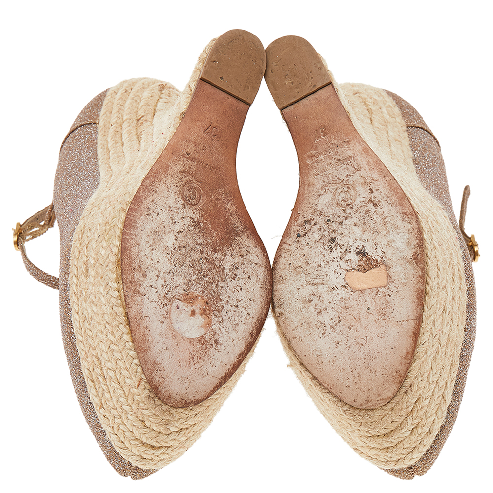 Alexander McQueen Brown Glitter Ankle Strap Wedge Sandals Size 37