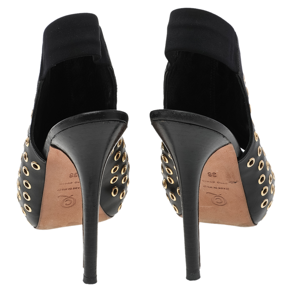 Alexander McQueen Black Leather Grommet Peep Toe Ankle Slingback Boots Size 36