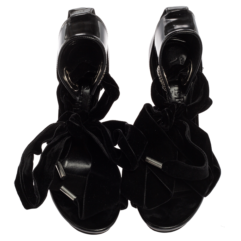 Alexander McQueen Black Patent Leather, Suede And Velvet Bow Ankle Sandals Size 38