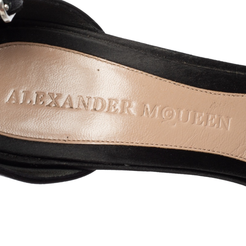 Alexander McQueen Black Satin Studded Platform Ankle-Strap Sandals Size 41