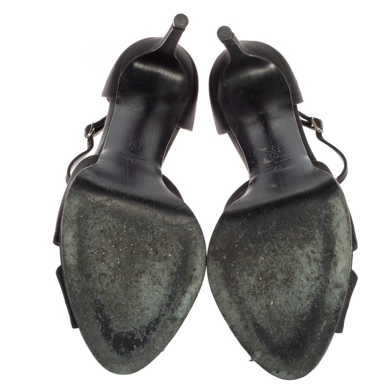 Alexander McQueen Black Satin Studded Platform Ankle-Strap Sandals Size 41