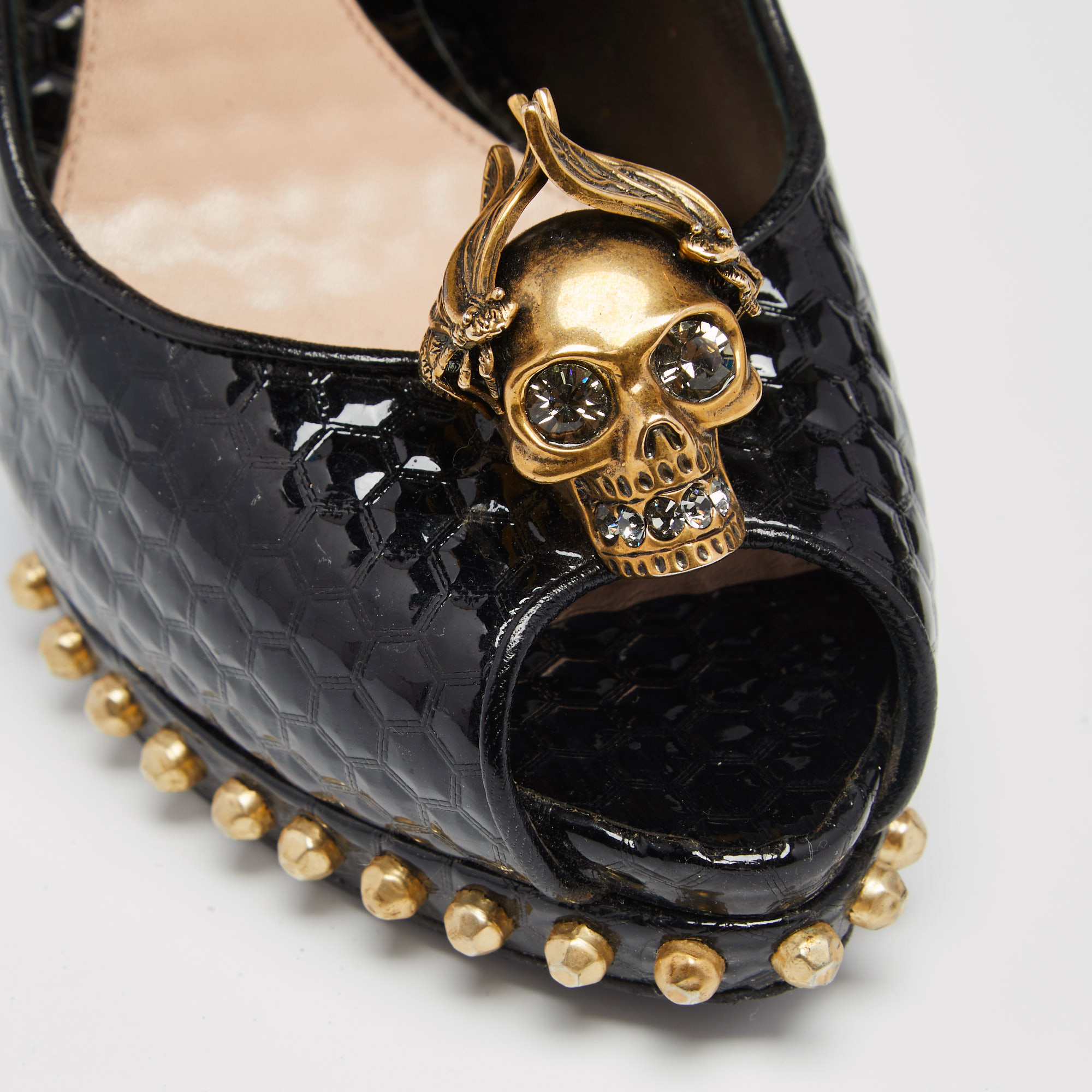 Alexander McQueen Black Patent Leather Skull Embellished Peep Toe Pumps Size 38