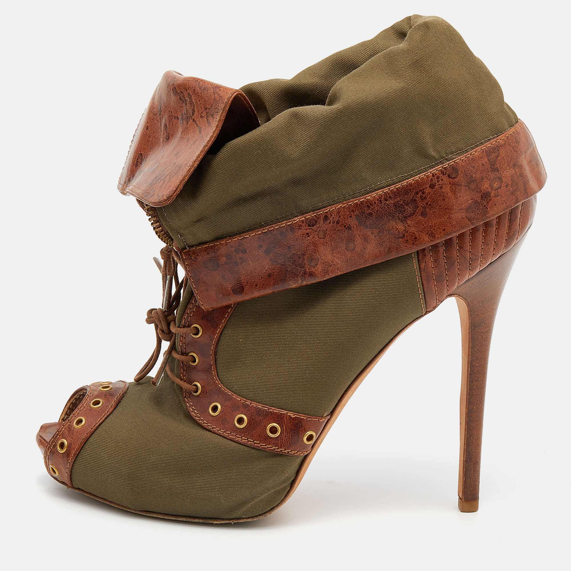 Alexander McQueen Khaki Green/Brown Canvas And Leather Faithful Peep Toe Boots Size 40