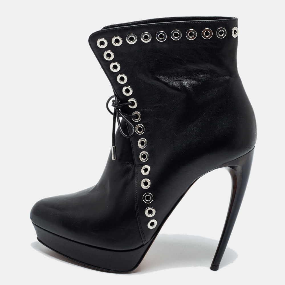 Alexander McQueen Black Leather Eyelet Detail Platform Ankle Booties Size 36