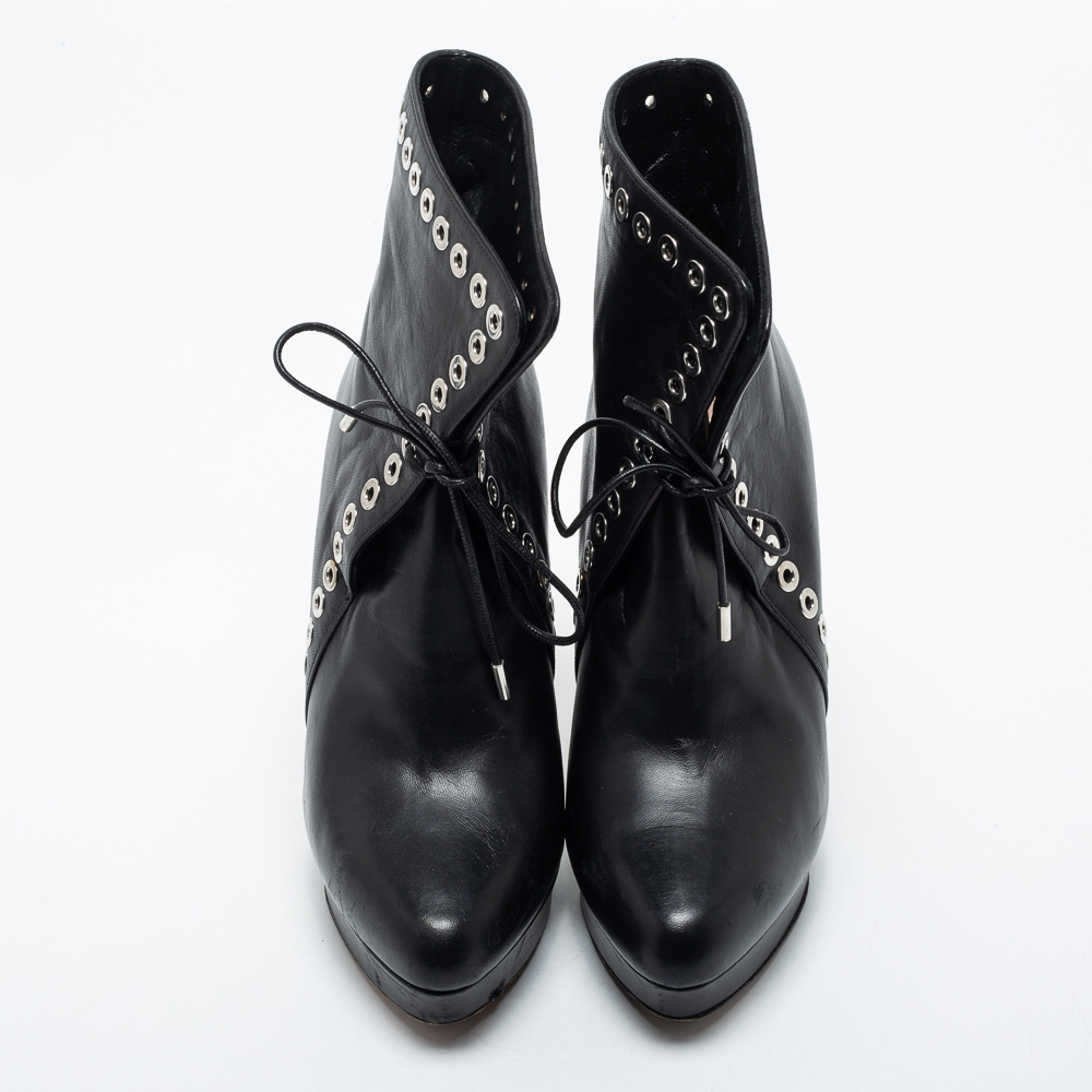 Alexander McQueen Black Leather Eyelet Detail Platform Ankle Booties Size 36