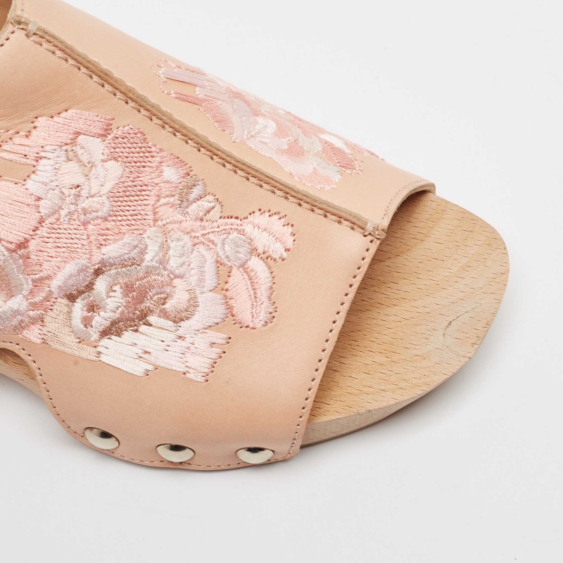 Alexander McQueen Peach Leather Embroidered Wooden Clogs Size 37.5