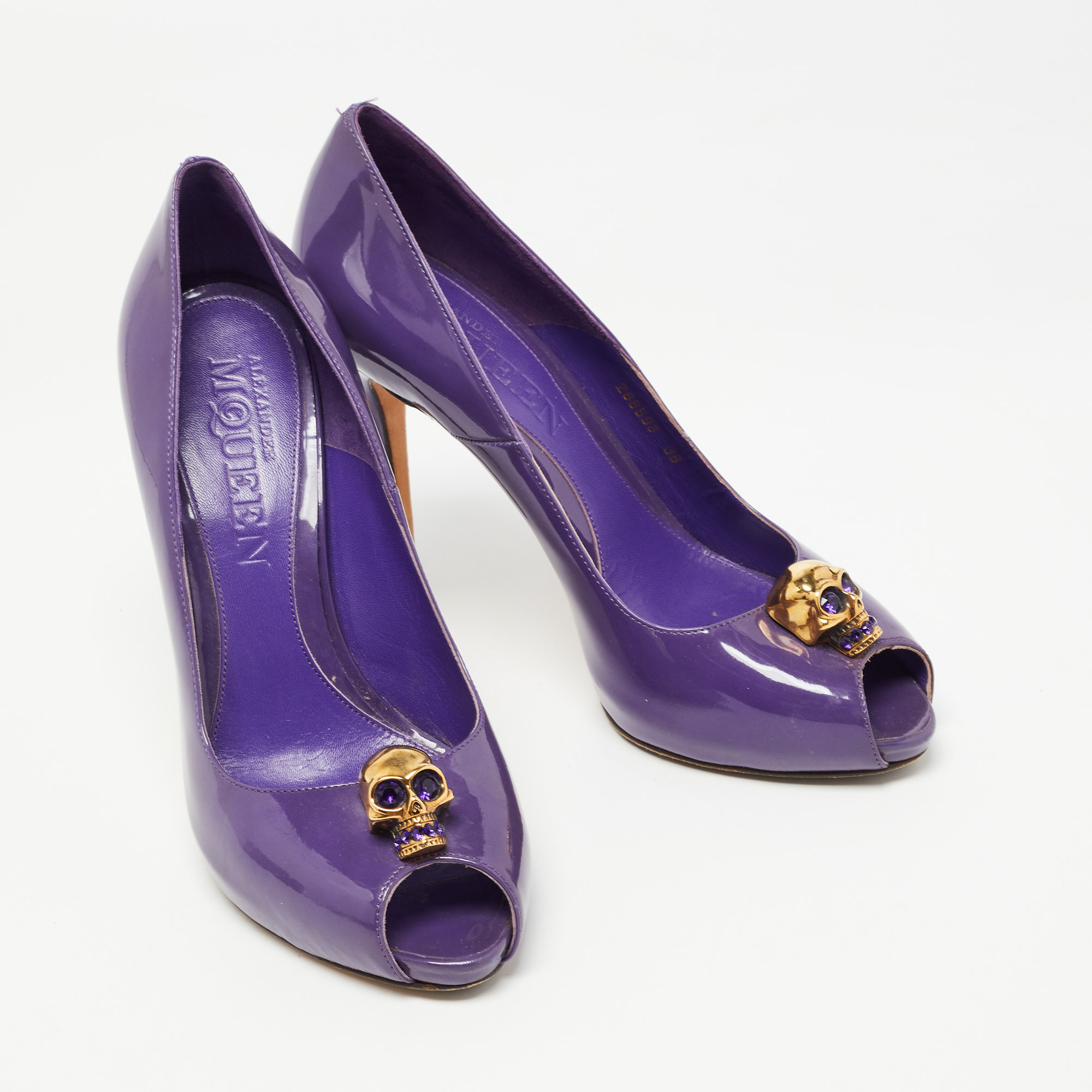 Alexander McQueen Purple Patent Leather Crystal Embellished Skull Peep Toe Pumps Size 38