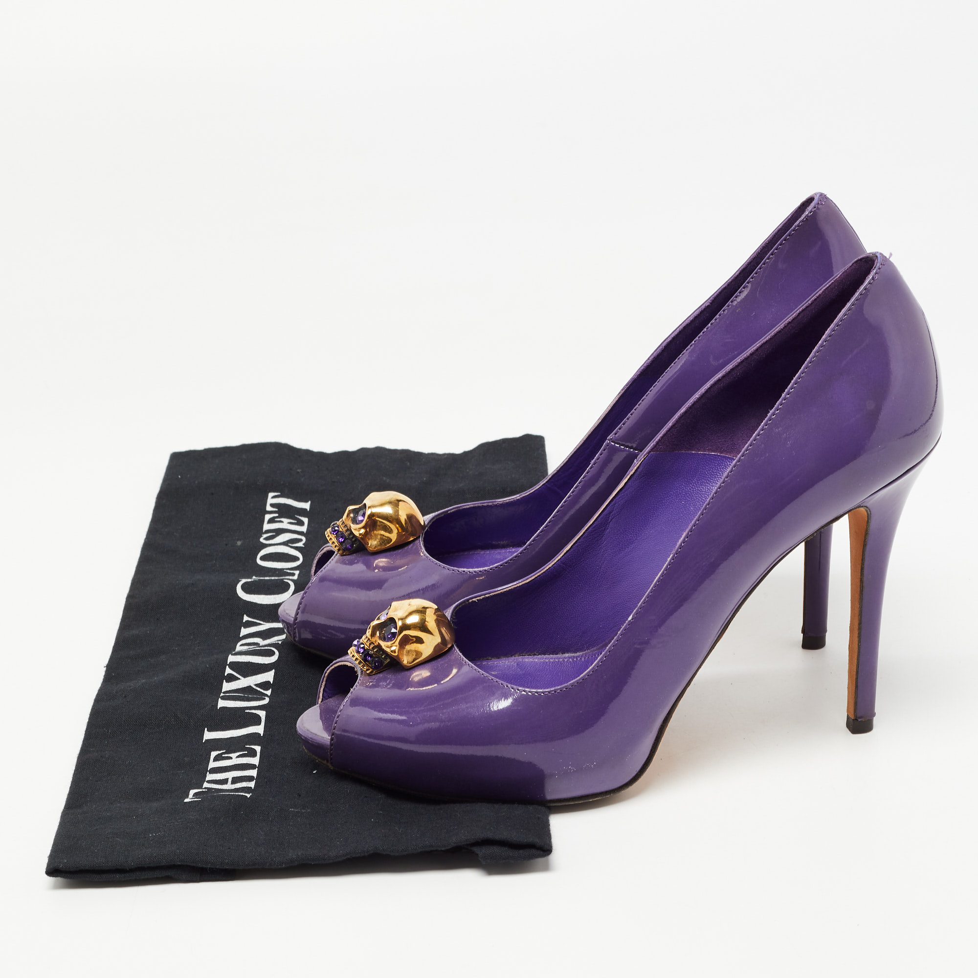 Alexander McQueen Purple Patent Leather Crystal Embellished Skull Peep Toe Pumps Size 38