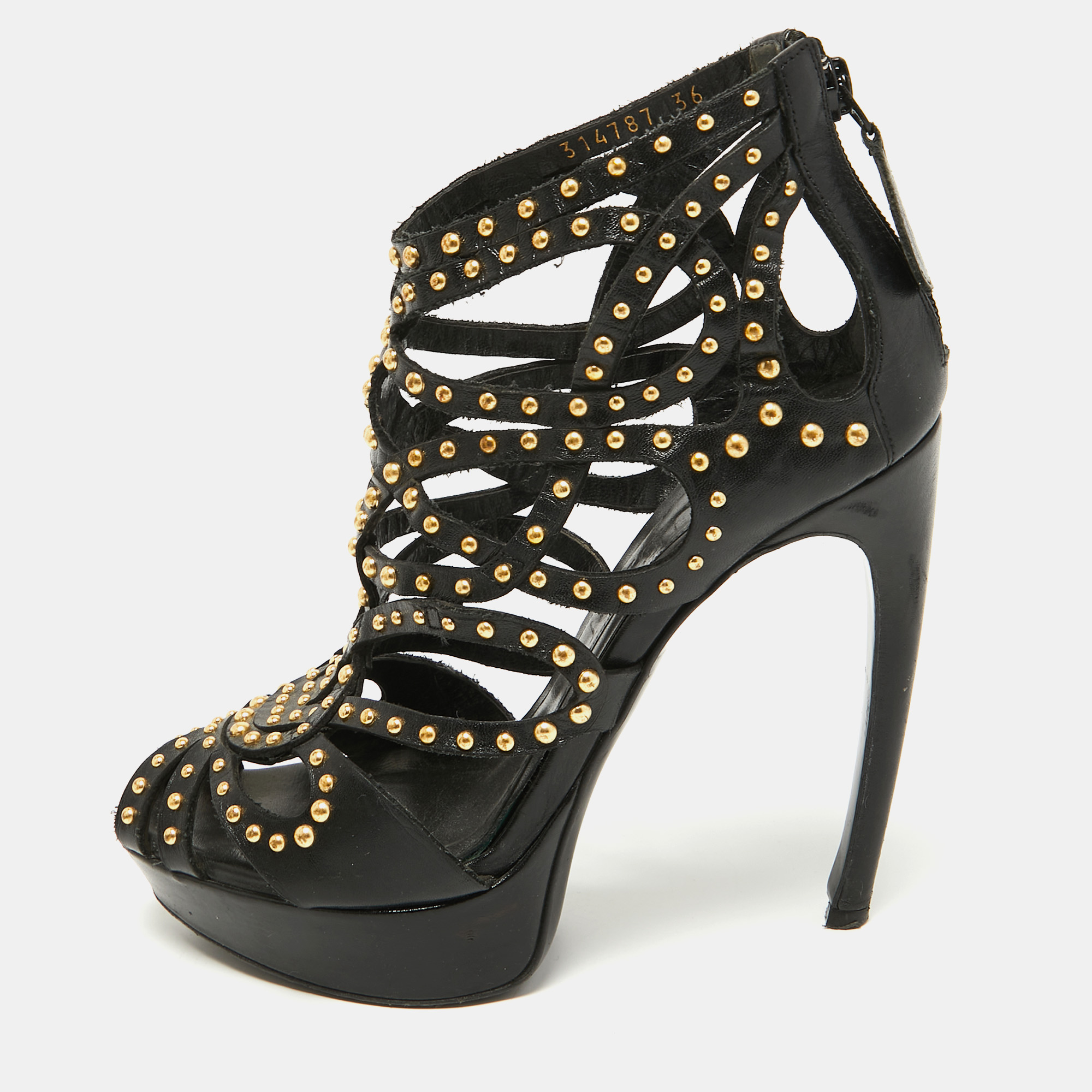 Alexander McQueen Black Leather Studded Caged Platform Booties Size 36