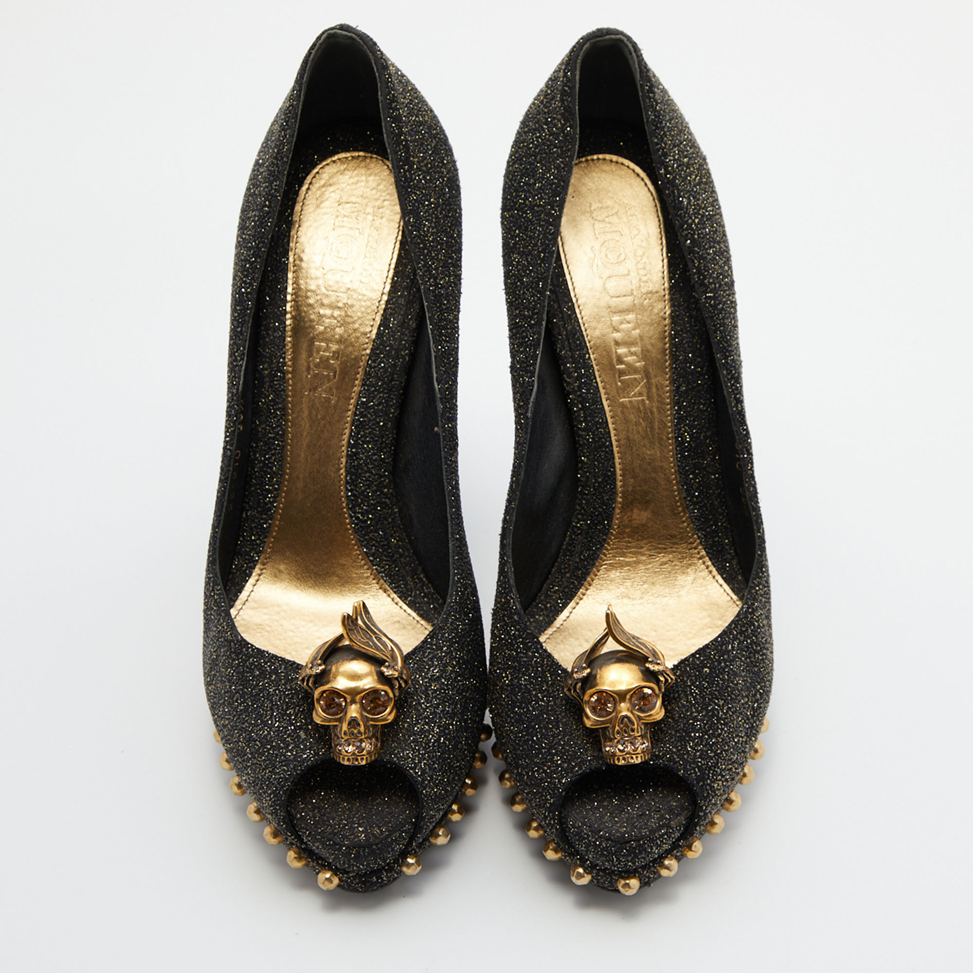 Alexander McQueen Black/Gold Textured Suede Embellished Skull Peep Toe Pumps Size 39.5