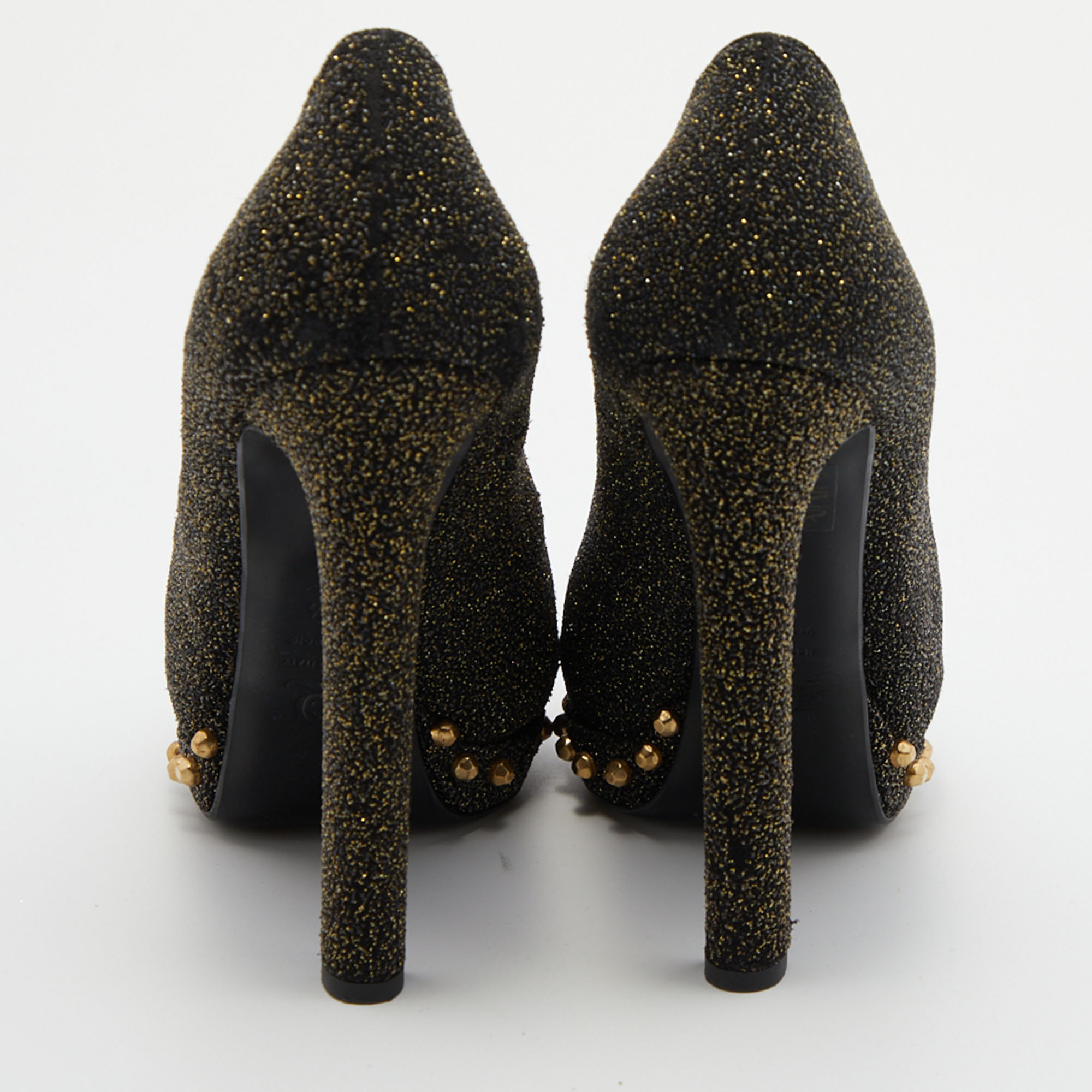 Alexander McQueen Black/Gold Textured Suede Embellished Skull Peep Toe Pumps Size 39.5