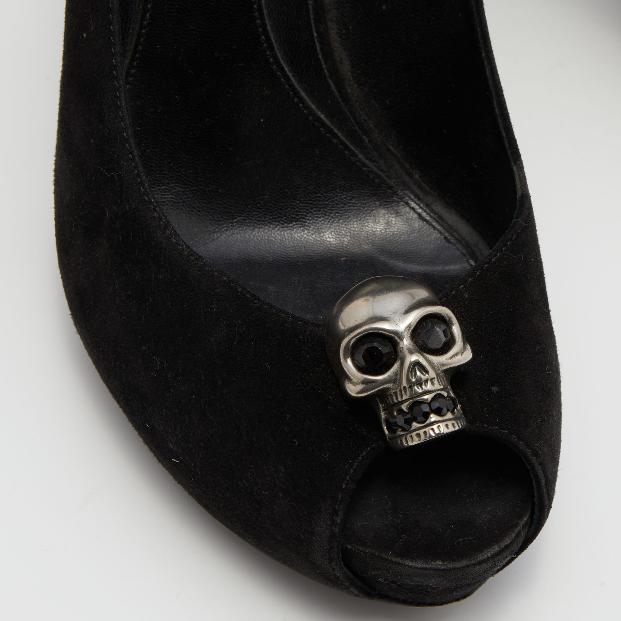 Alexander McQueen Black Suede Skull Peep Toe Pumps Size 38.5