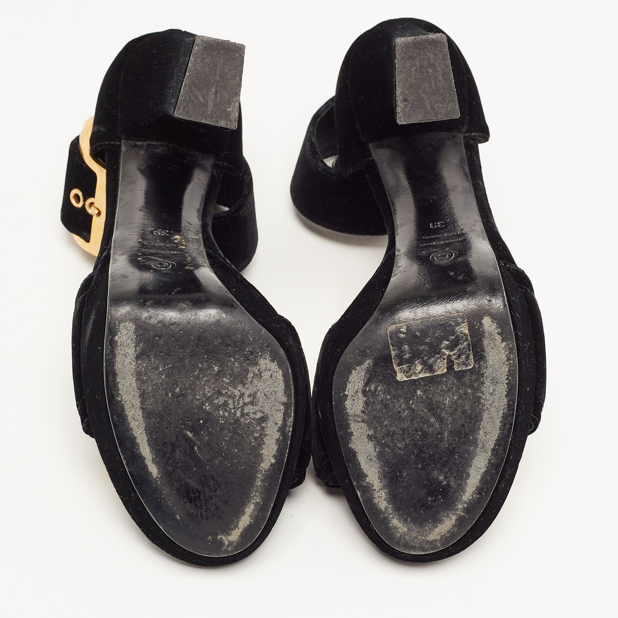 Alexander McQueen Black Velvet Buckle Platform Ankle Strap Sandals Size 39