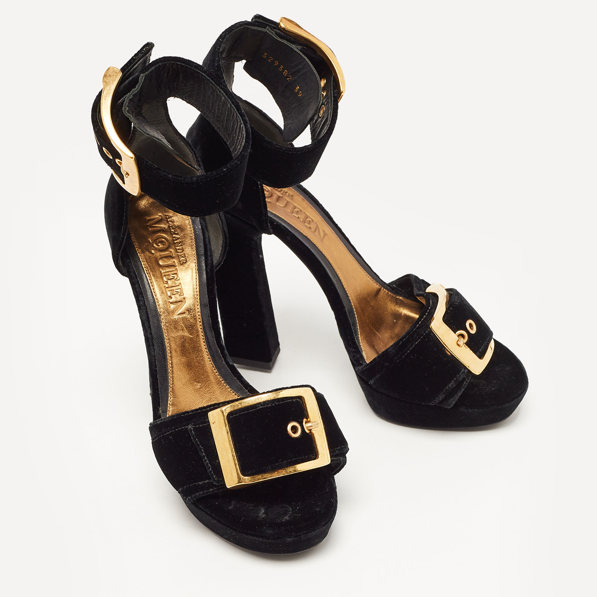 Alexander McQueen Black Velvet Buckle Platform Ankle Strap Sandals Size 39