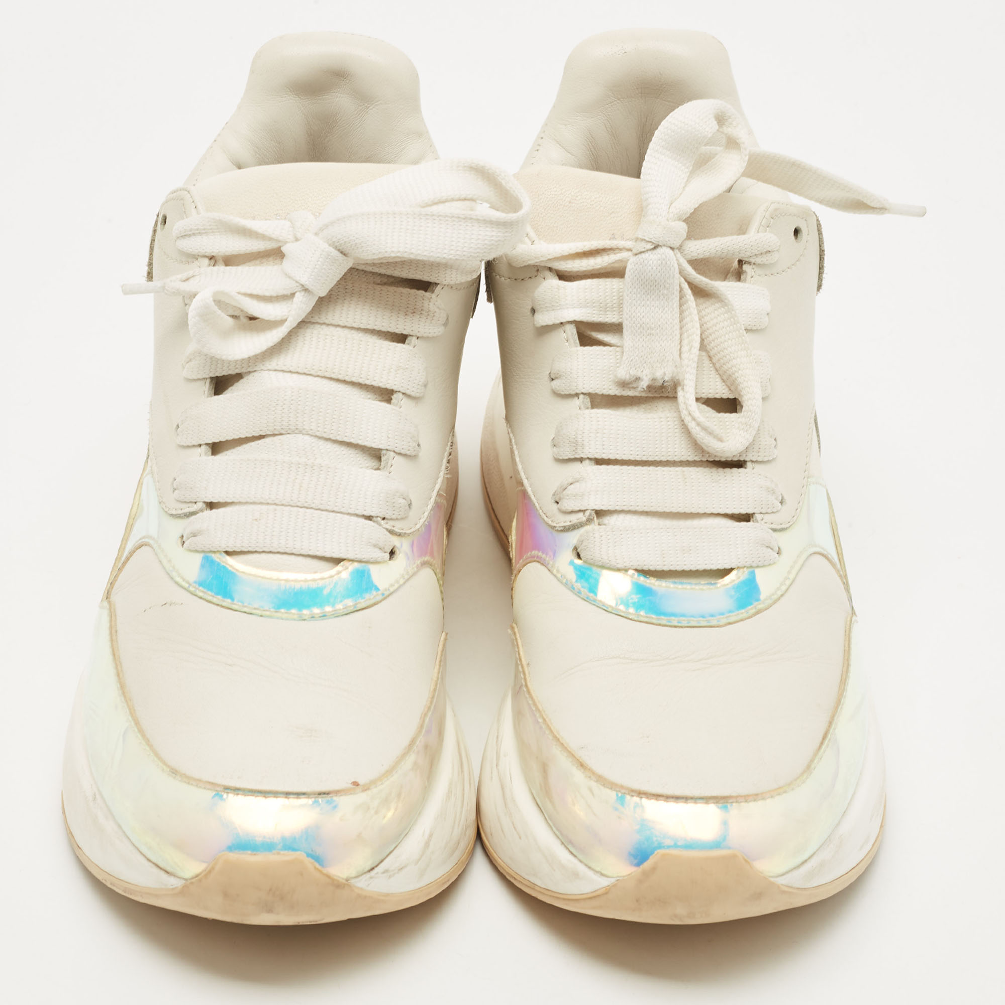 Alexander McQueen White Leather And Iridescent PVC Chunky Sneakers Size 38