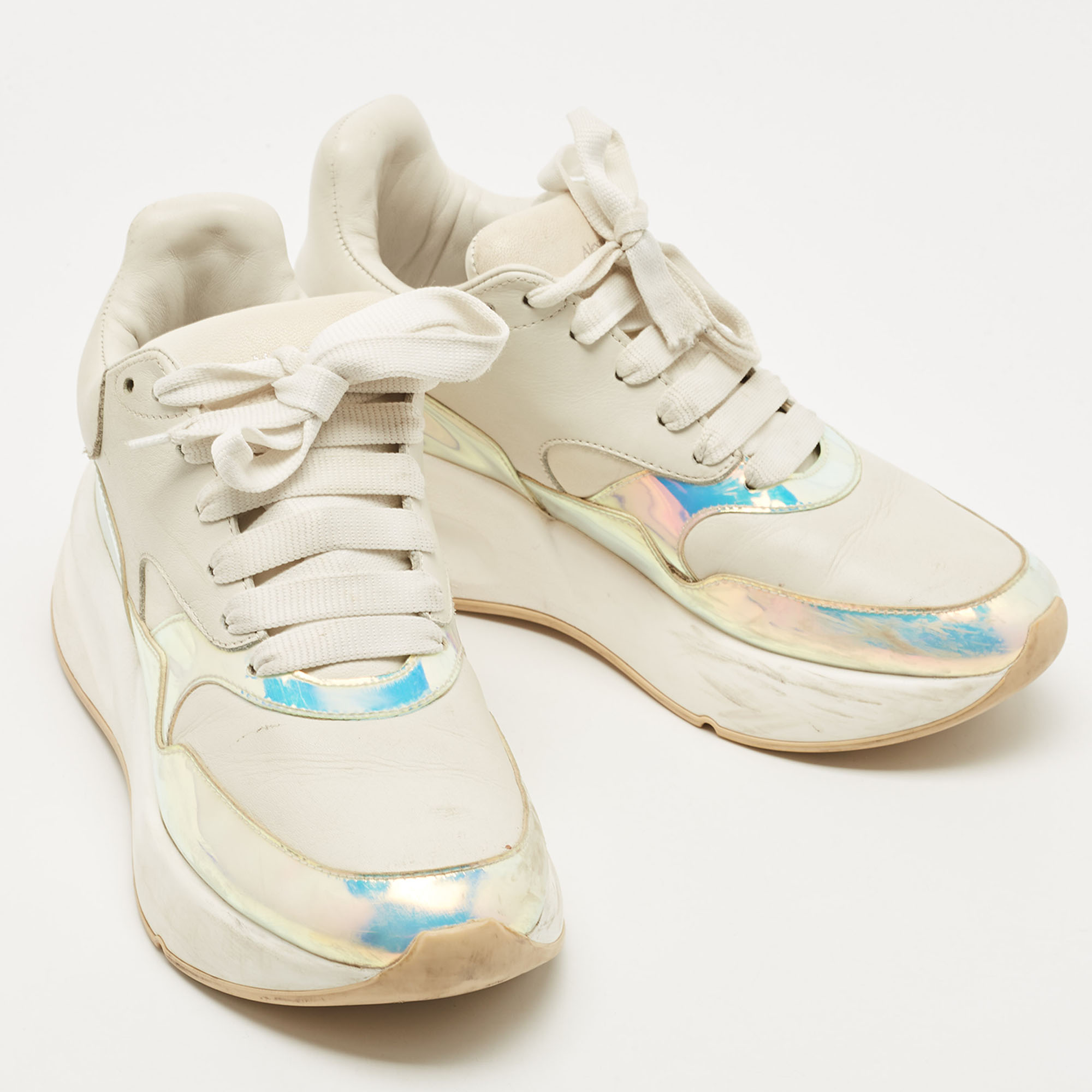 Alexander McQueen White Leather And Iridescent PVC Chunky Sneakers Size 38