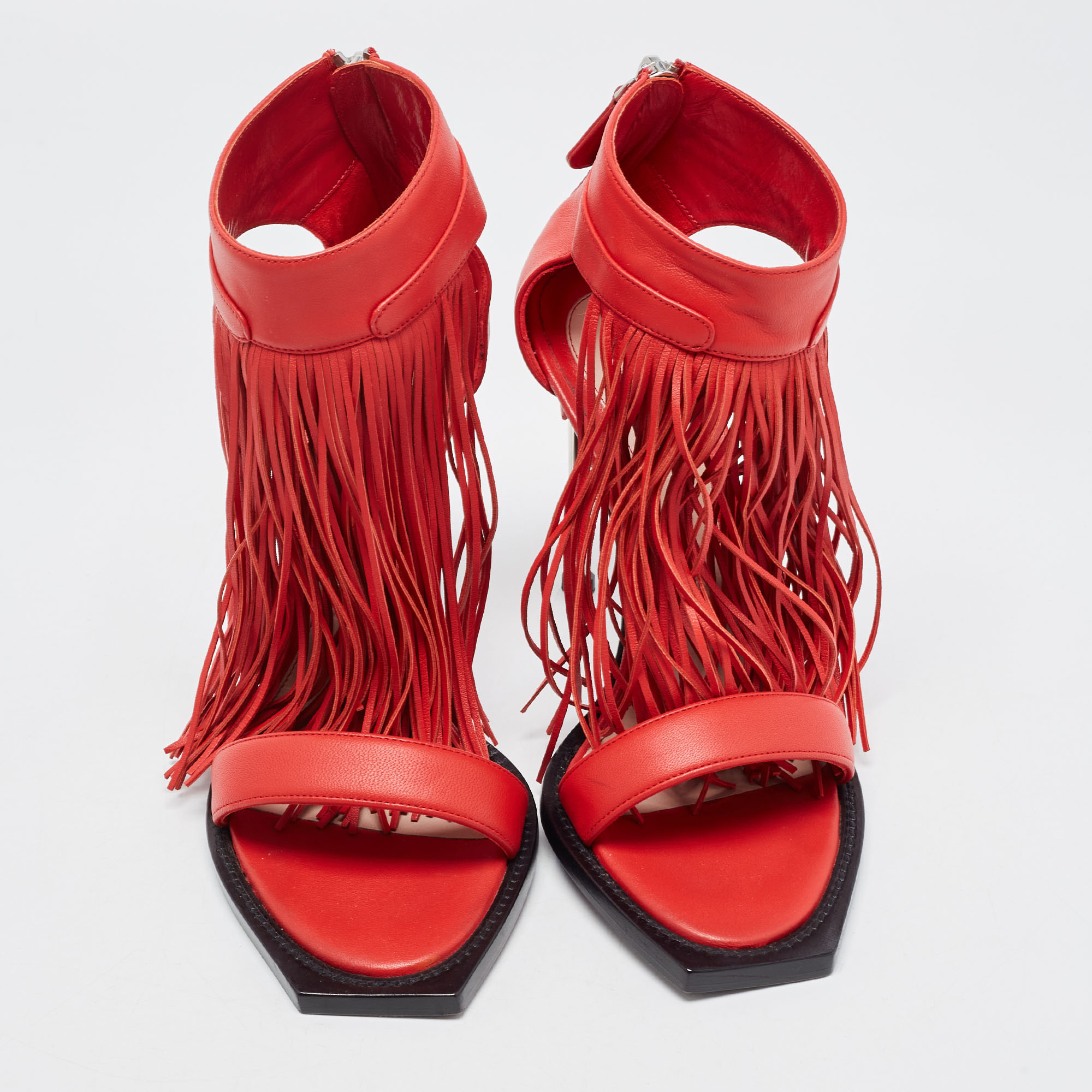 Alexander McQueen Red Leather Fringed Ankle Strap Sandals Size 38.5