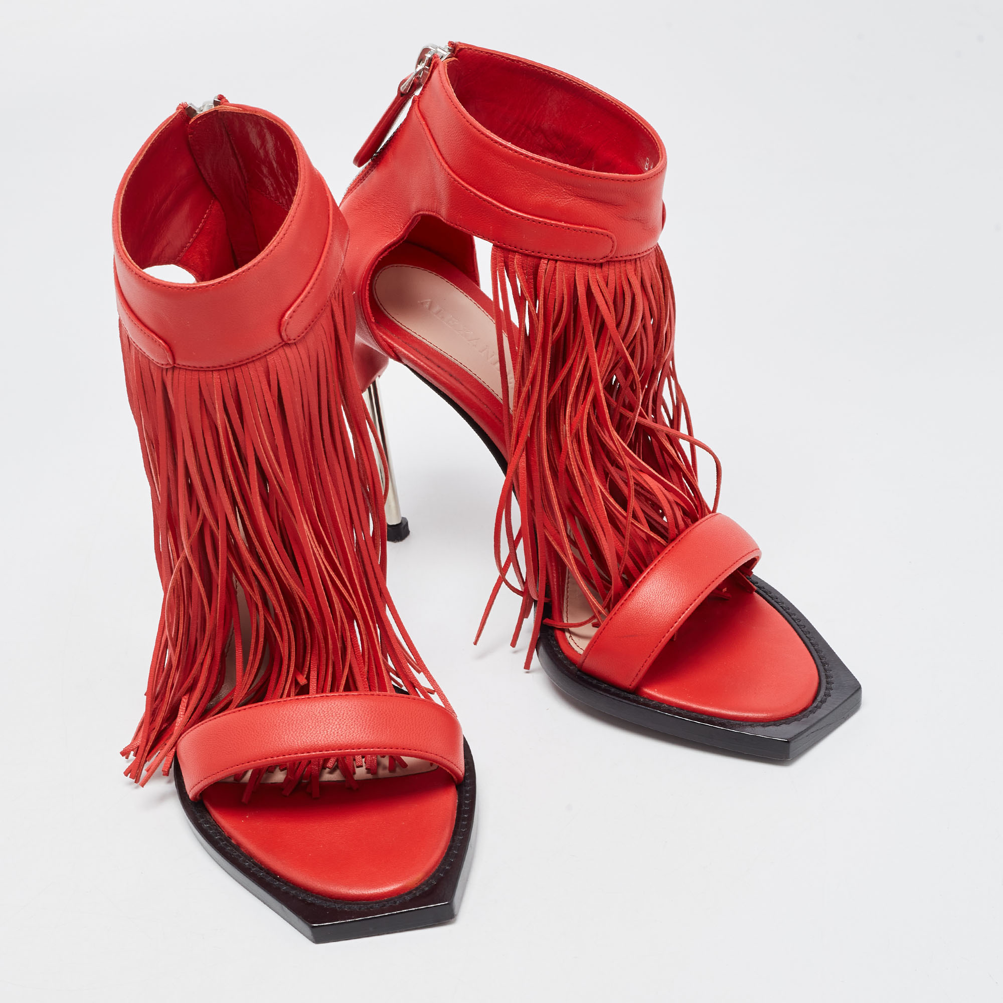 Alexander McQueen Red Leather Fringed Ankle Strap Sandals Size 38.5