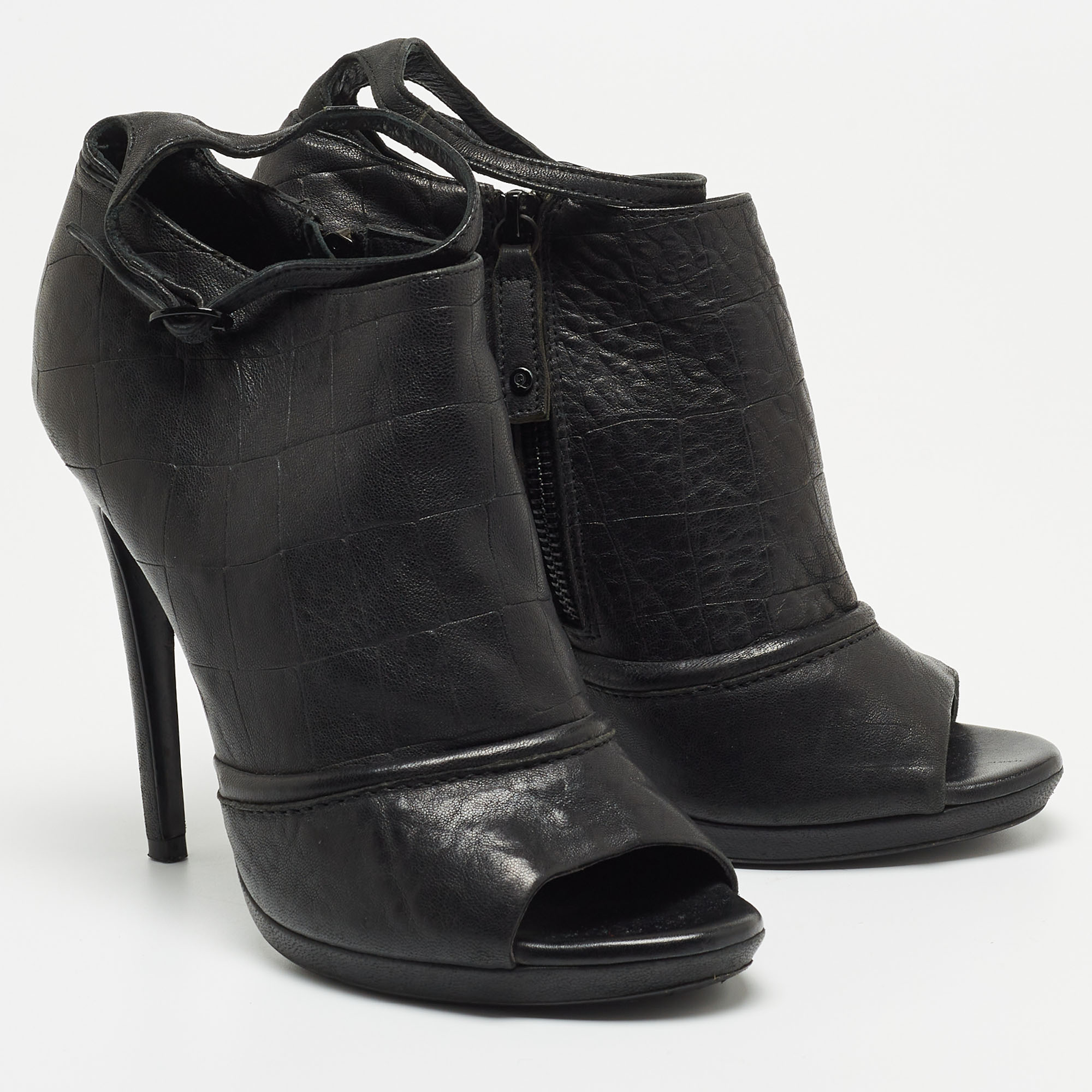 McQ By Alexander McQueen Black Croc Embossed Leather Peep Toe Ankle Strap Booties Size 40