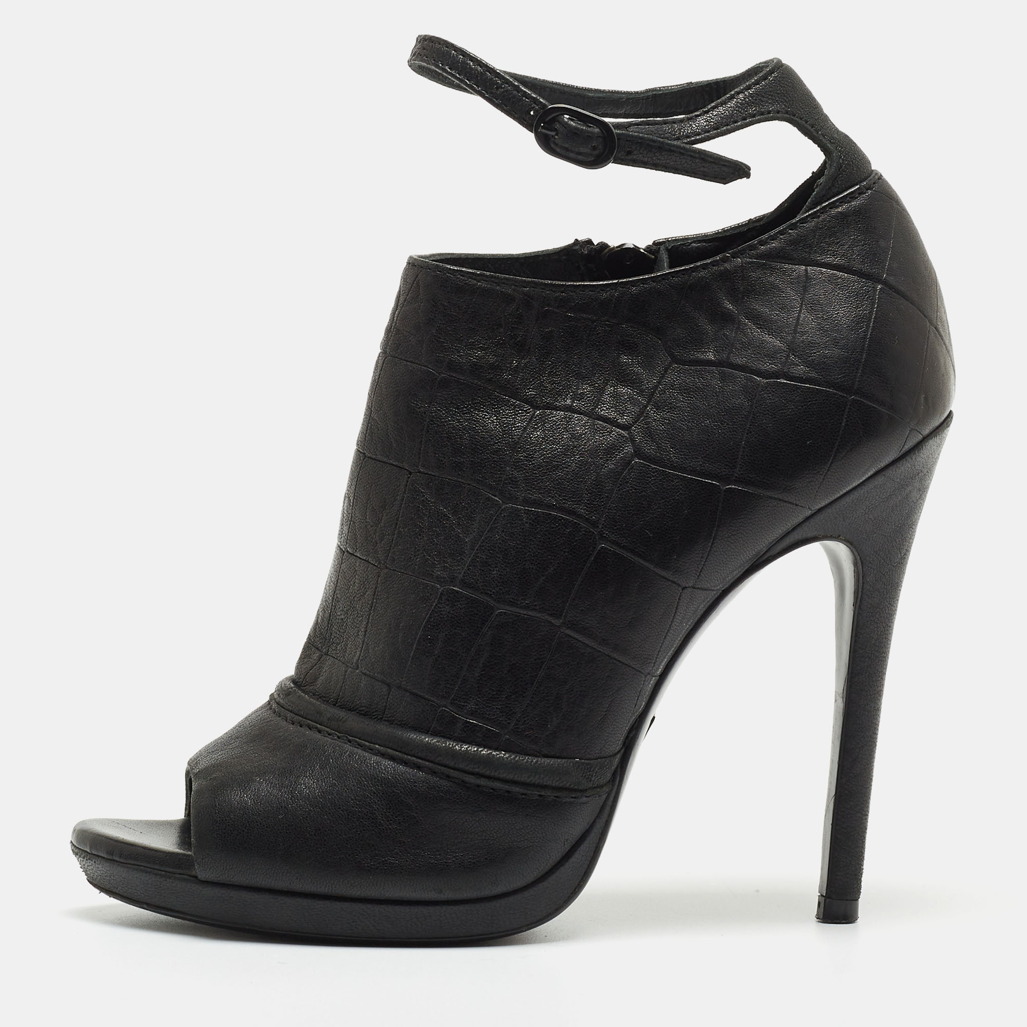 

McQ by Alexander McQueen Black Croc Embossed Leather Peep Toe Ankle Strap Booties Size