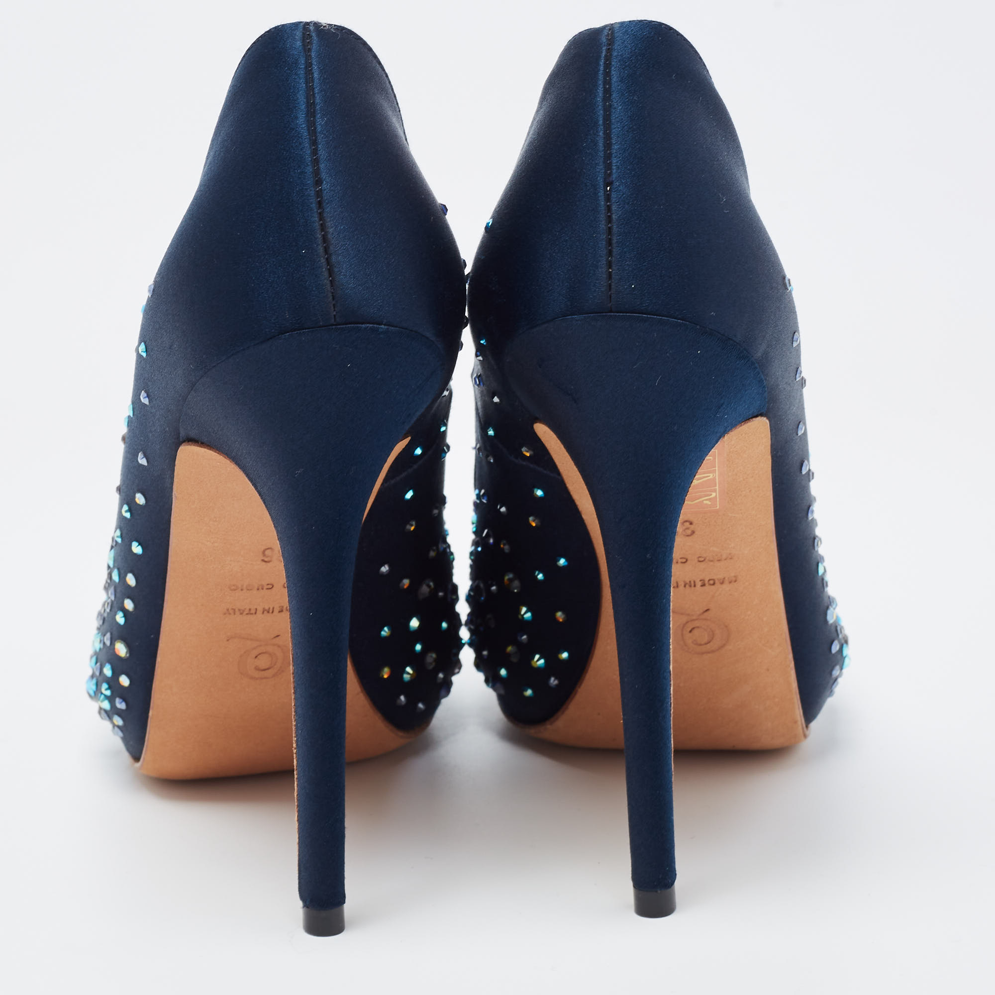 Alexander McQueen Navy Blue Satin Crystal Embellished Peep Toe Pumps Size 36