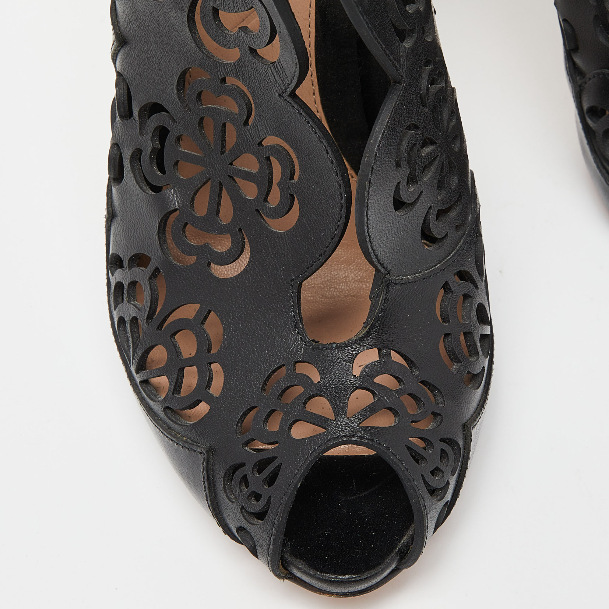 Alexander McQueen Black Laser Cut Leather Peep Toe Booties Size 36