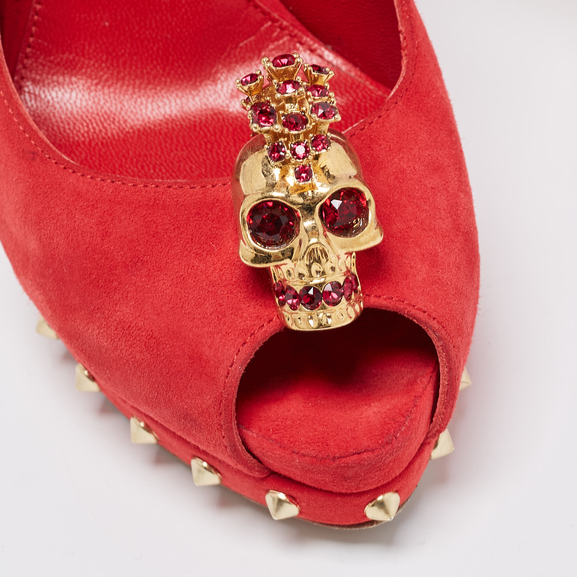 Alexander McQueen Red Suede Embellished Skull Studded Platform Peep Toe Pumps Size 36.5