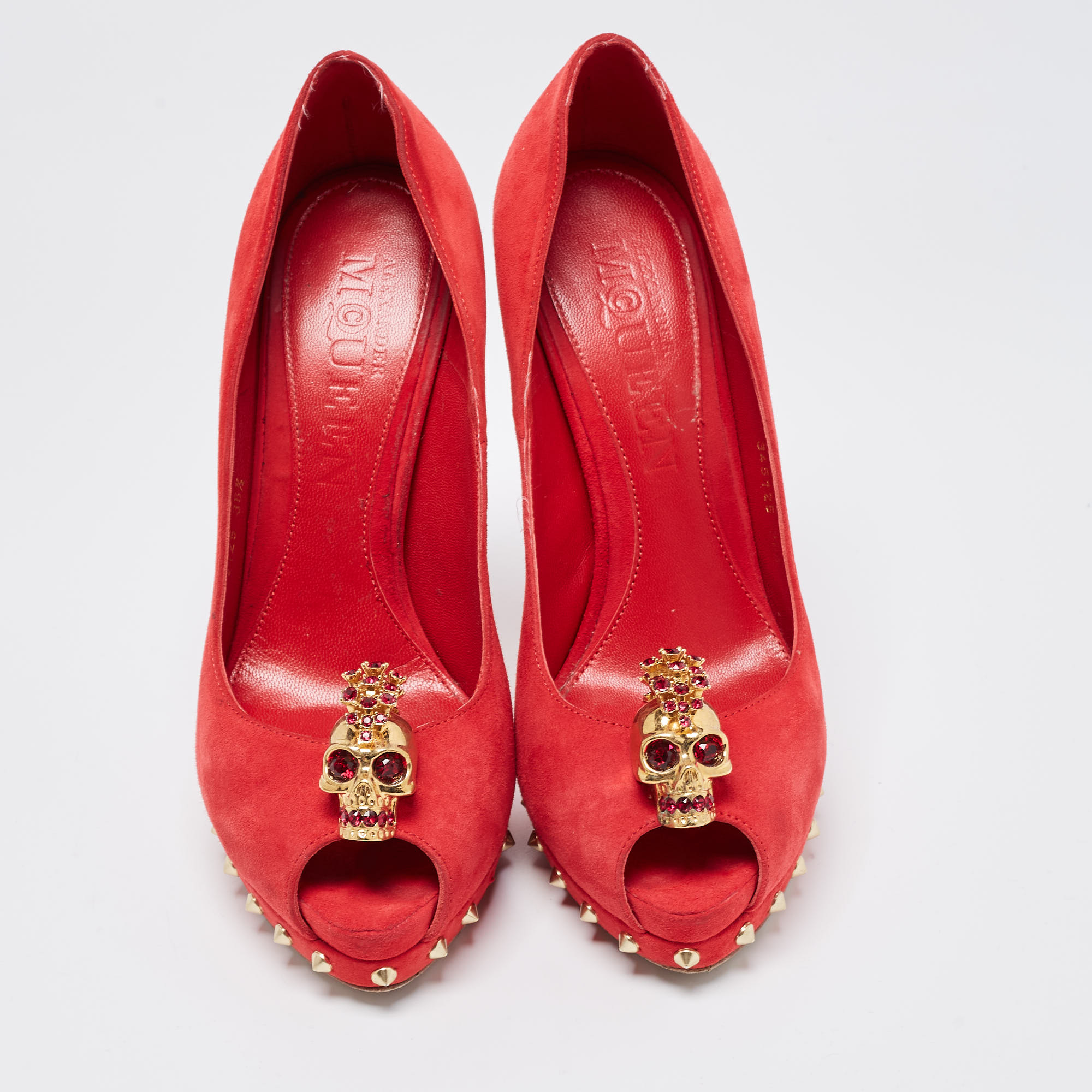 Alexander McQueen Red Suede Embellished Skull Studded Platform Peep Toe Pumps Size 36.5