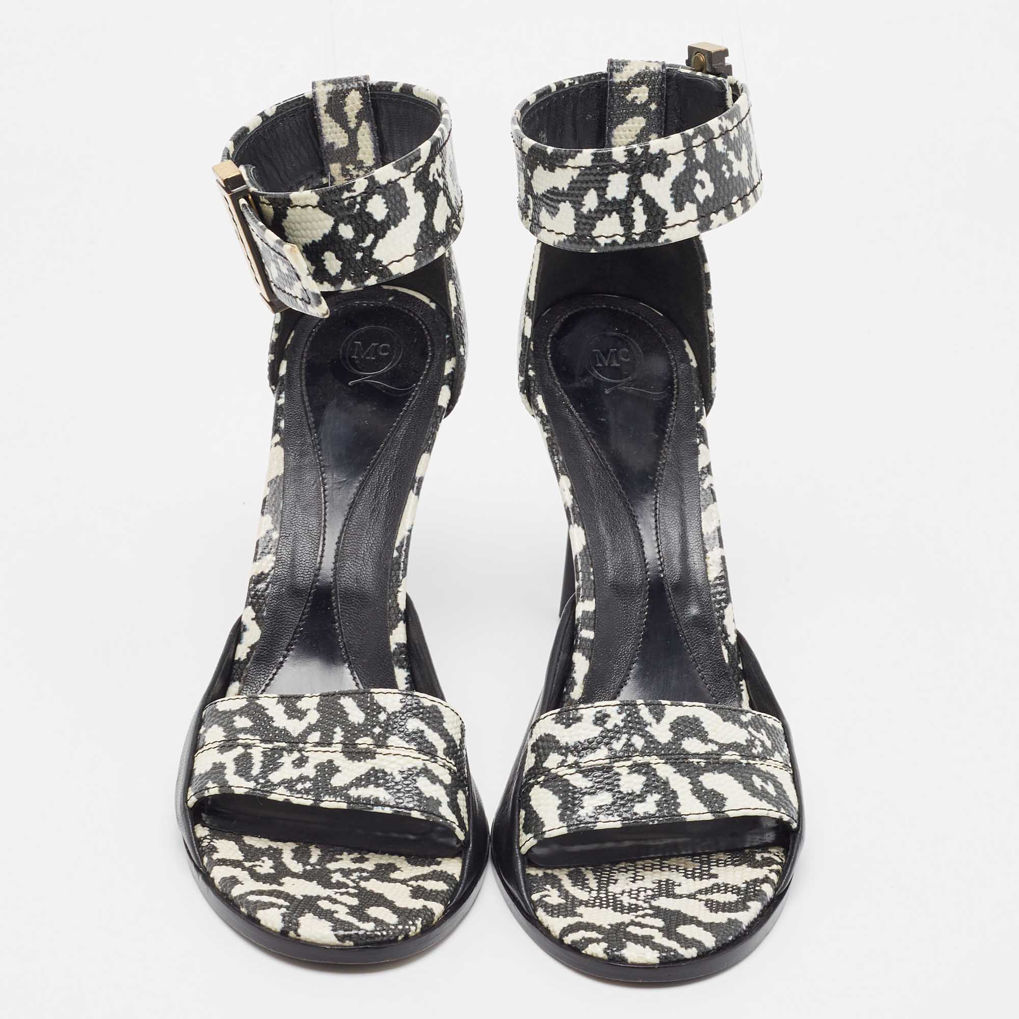 Alexander McQueen Black/White Leather And Lizard Embossed Lana Razor Ankle Cuff Sandals Size 39