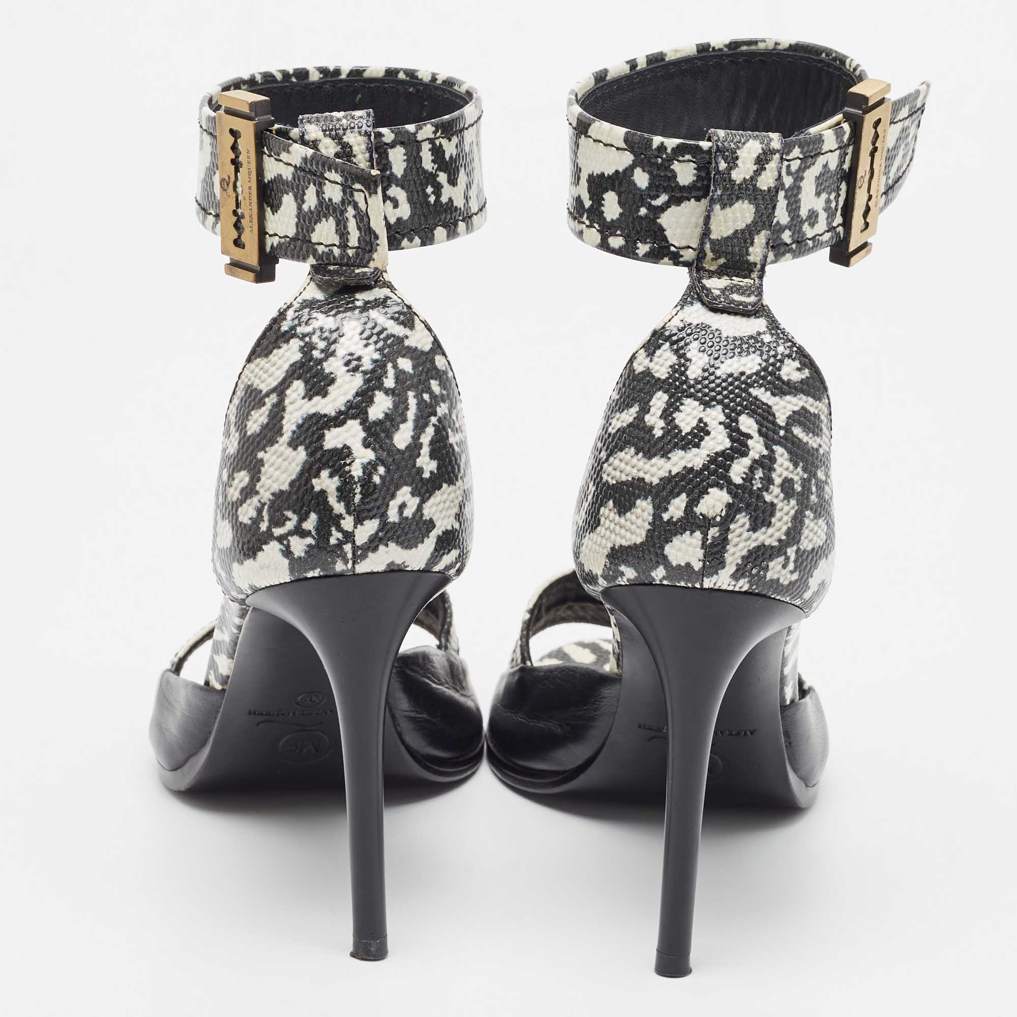 Alexander McQueen Black/White Leather And Lizard Embossed Lana Razor Ankle Cuff Sandals Size 39