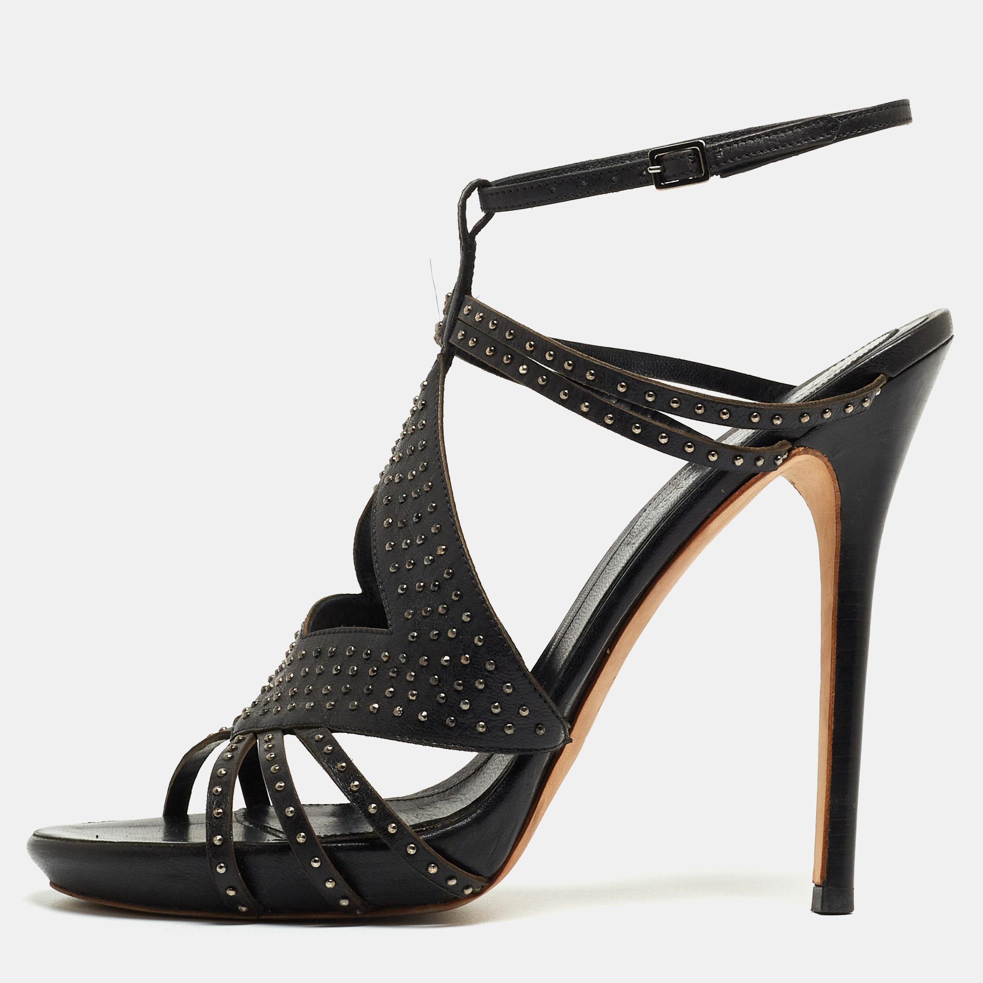 Alexander McQueen Black Leather Studded Caged Sandals Size 40