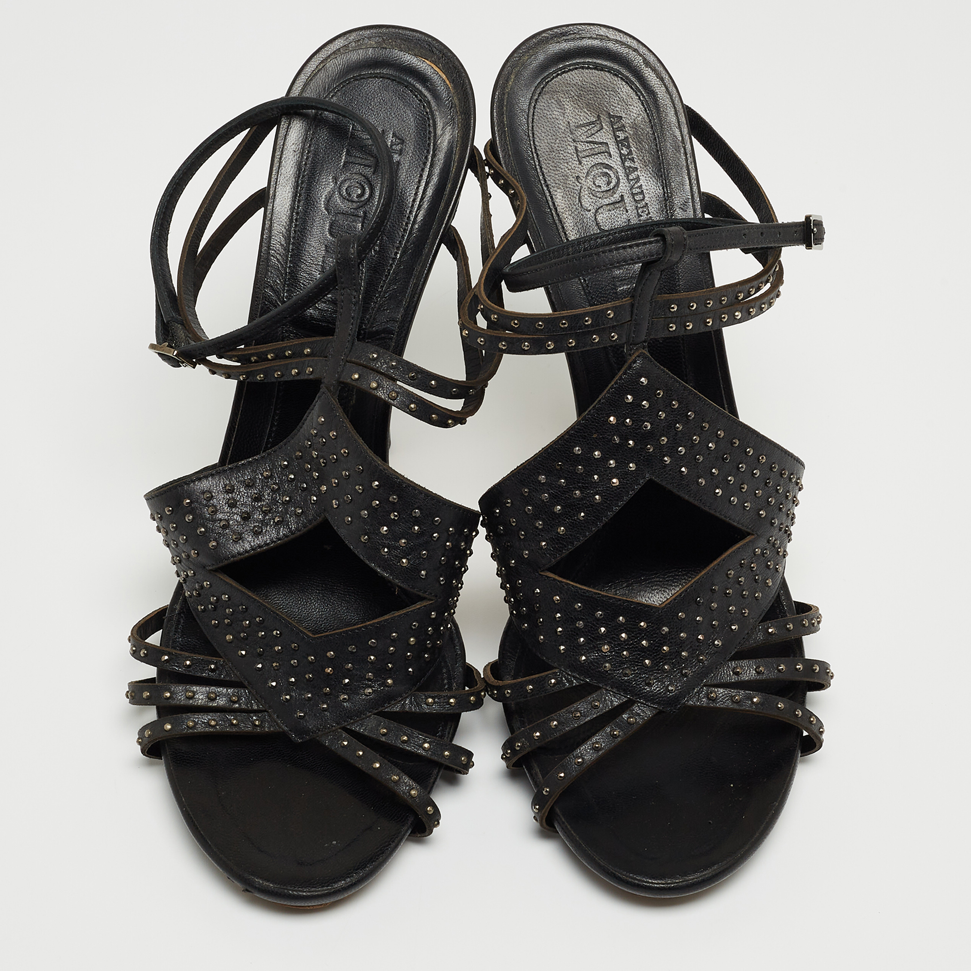 Alexander McQueen Black Leather Studded Caged Sandals Size 40