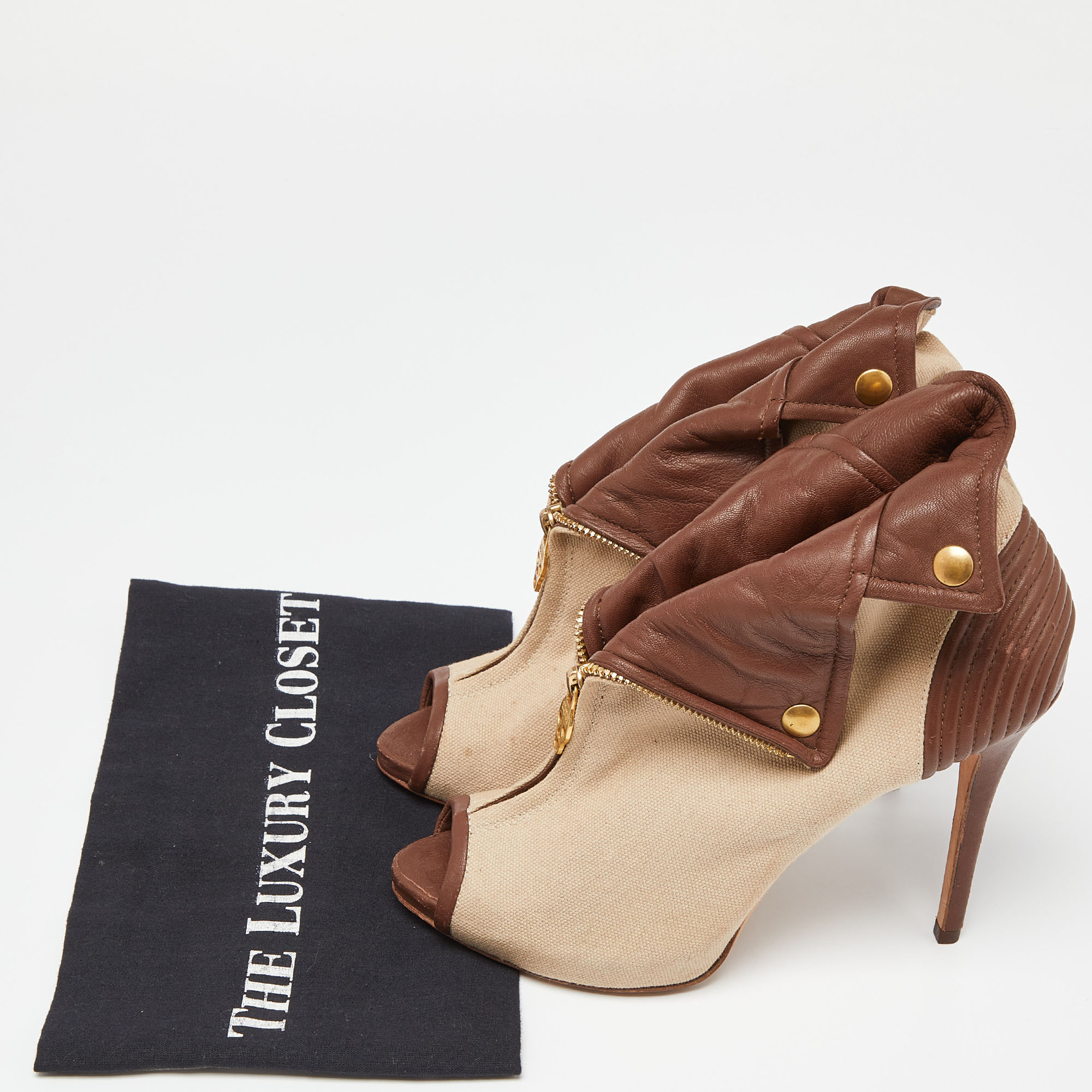 Alexander McQueen Beige/Brown Canvas And Leather Faithful Skull Peep Toe Platform Booties Size 38