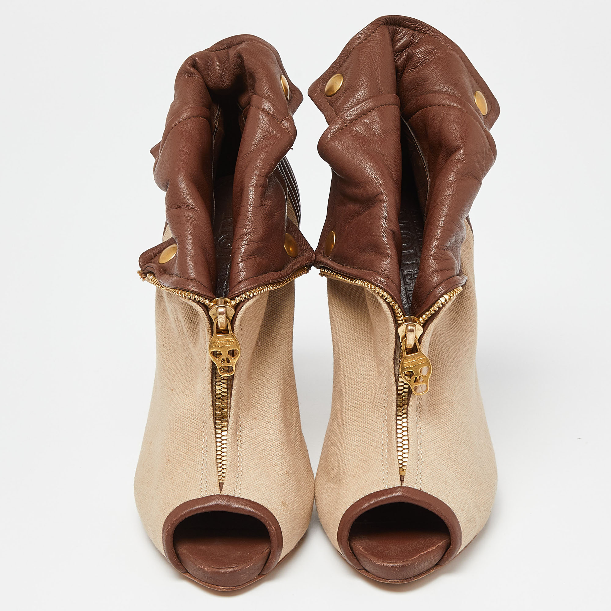 Alexander McQueen Beige/Brown Canvas And Leather Faithful Skull Peep Toe Platform Booties Size 38