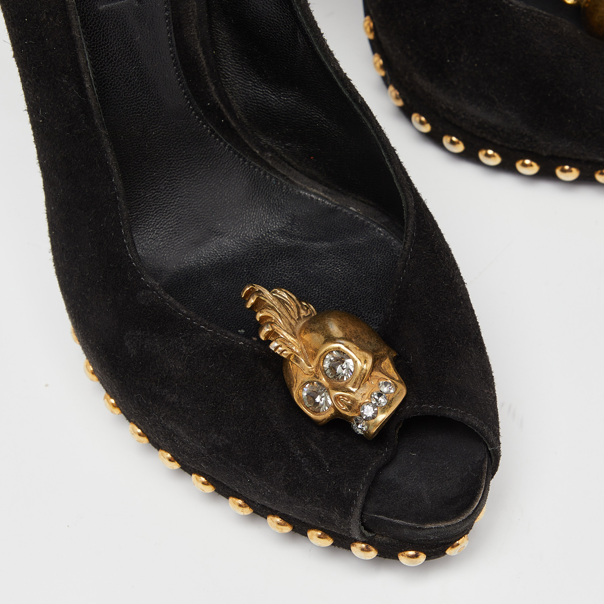 Alexander McQueen Black Suede Crystal Embellished Skull Peep Toe Pumps Size 38.5