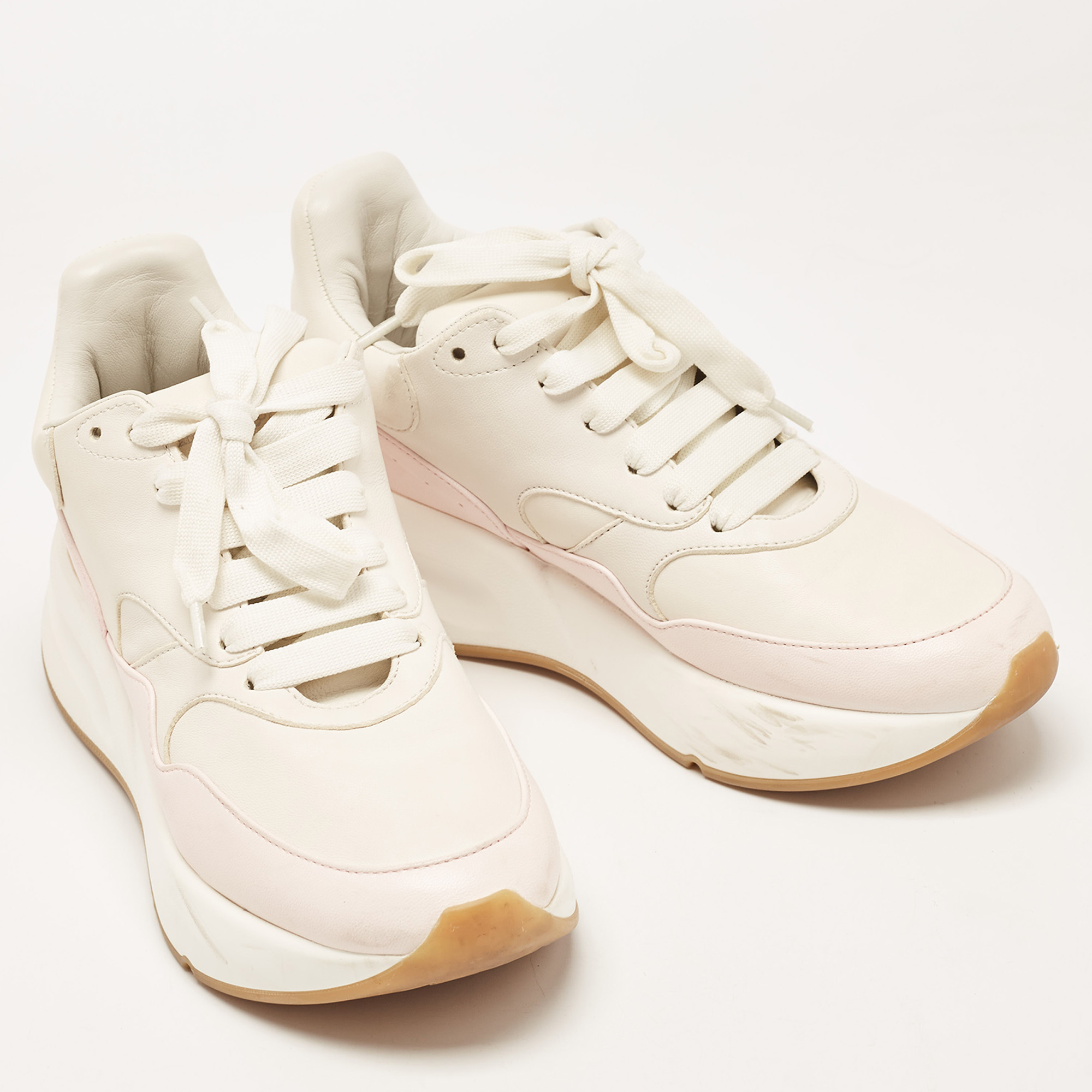 Alexander McQueen Off White/Pink Leather Lace Up Sneakers Size 38