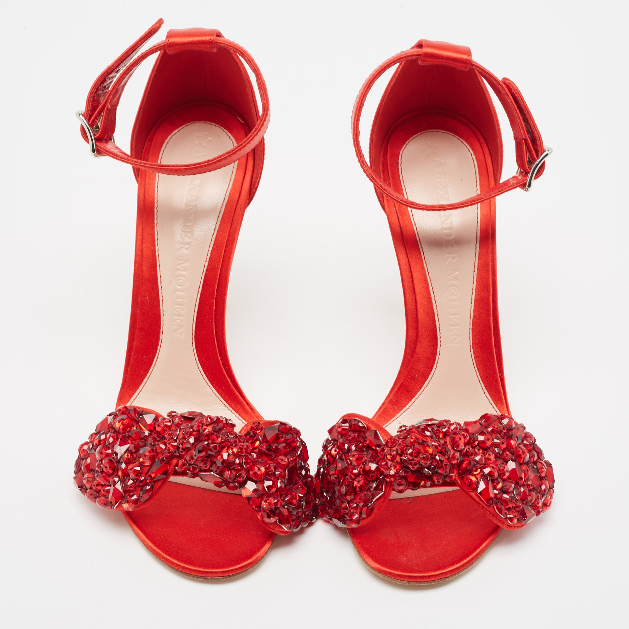 Alexander McQueen Red Satin Embellished Jewel Bow Ankle Strap Sandals Size 37