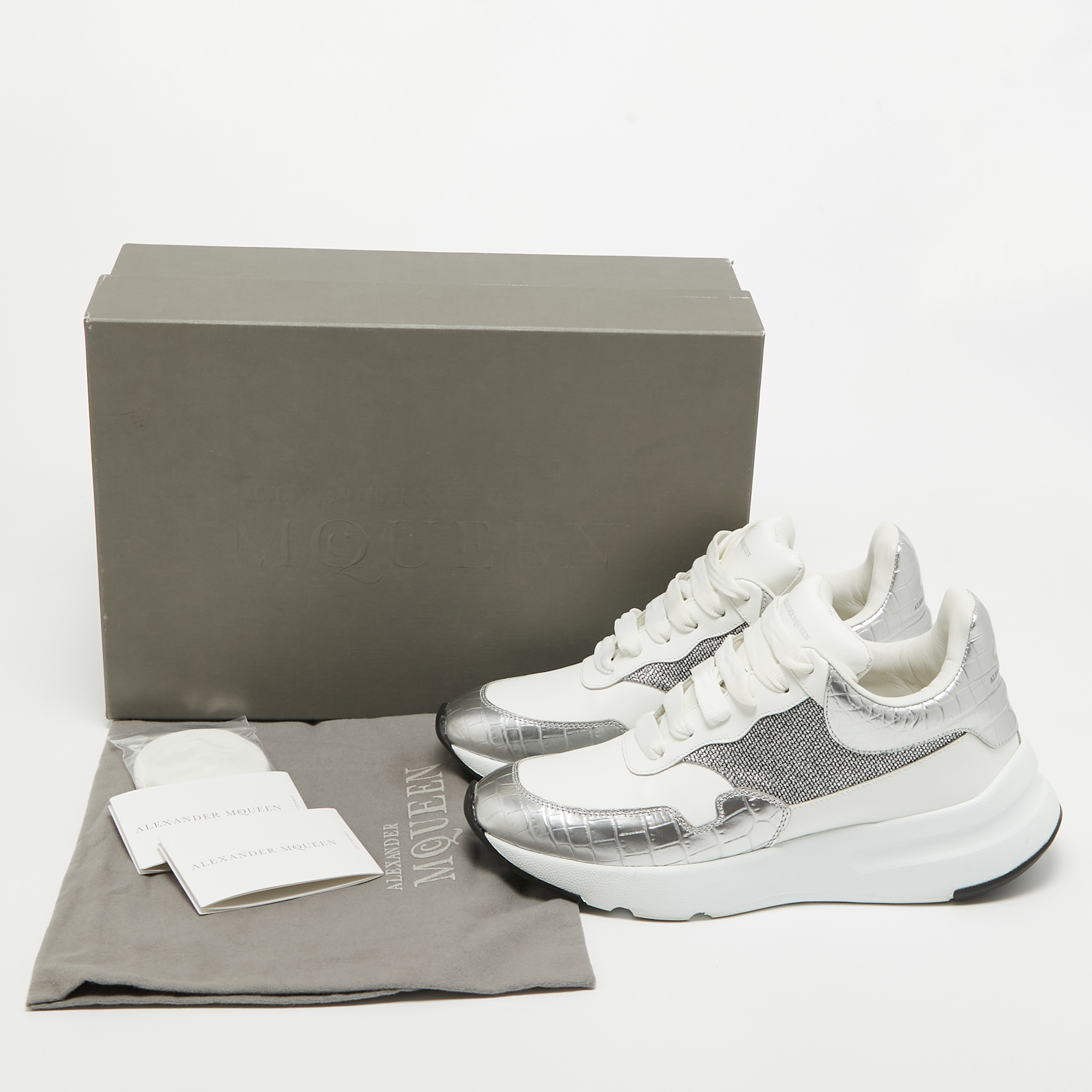 Alexander McQueen White/Silver Croc Embossed And Leather Larry Sneakers Size 40.5