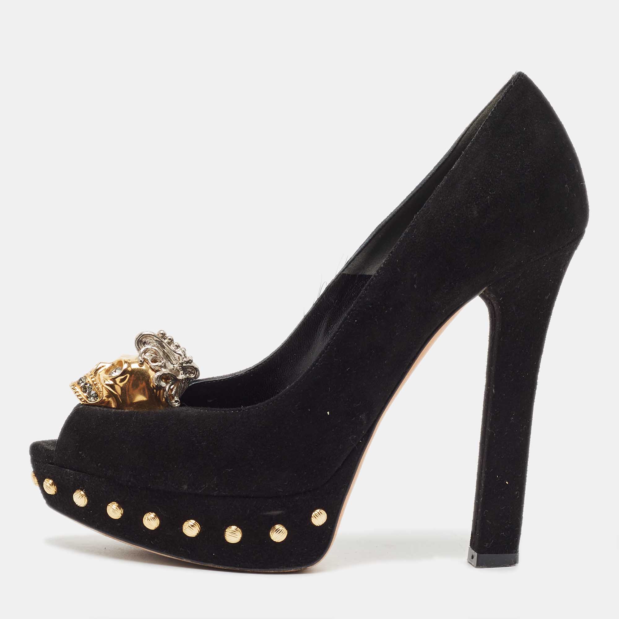 Alexander mcqueen black suede skull peep toe platform pumps size 36