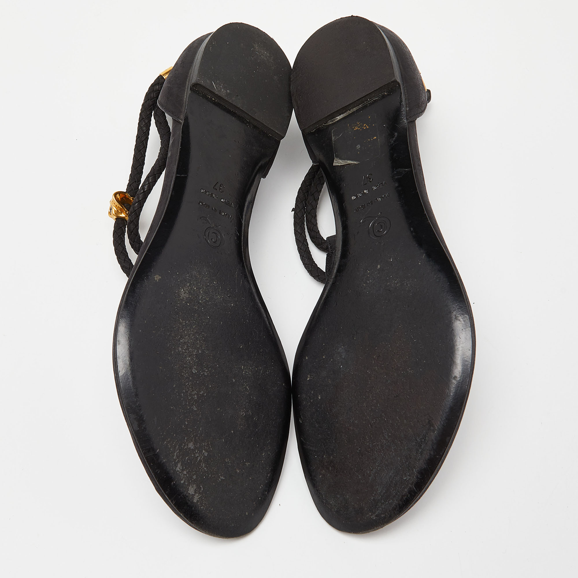 Alexander McQueen Black Leather Skull Embellished Thong Flat Sandals Size 37