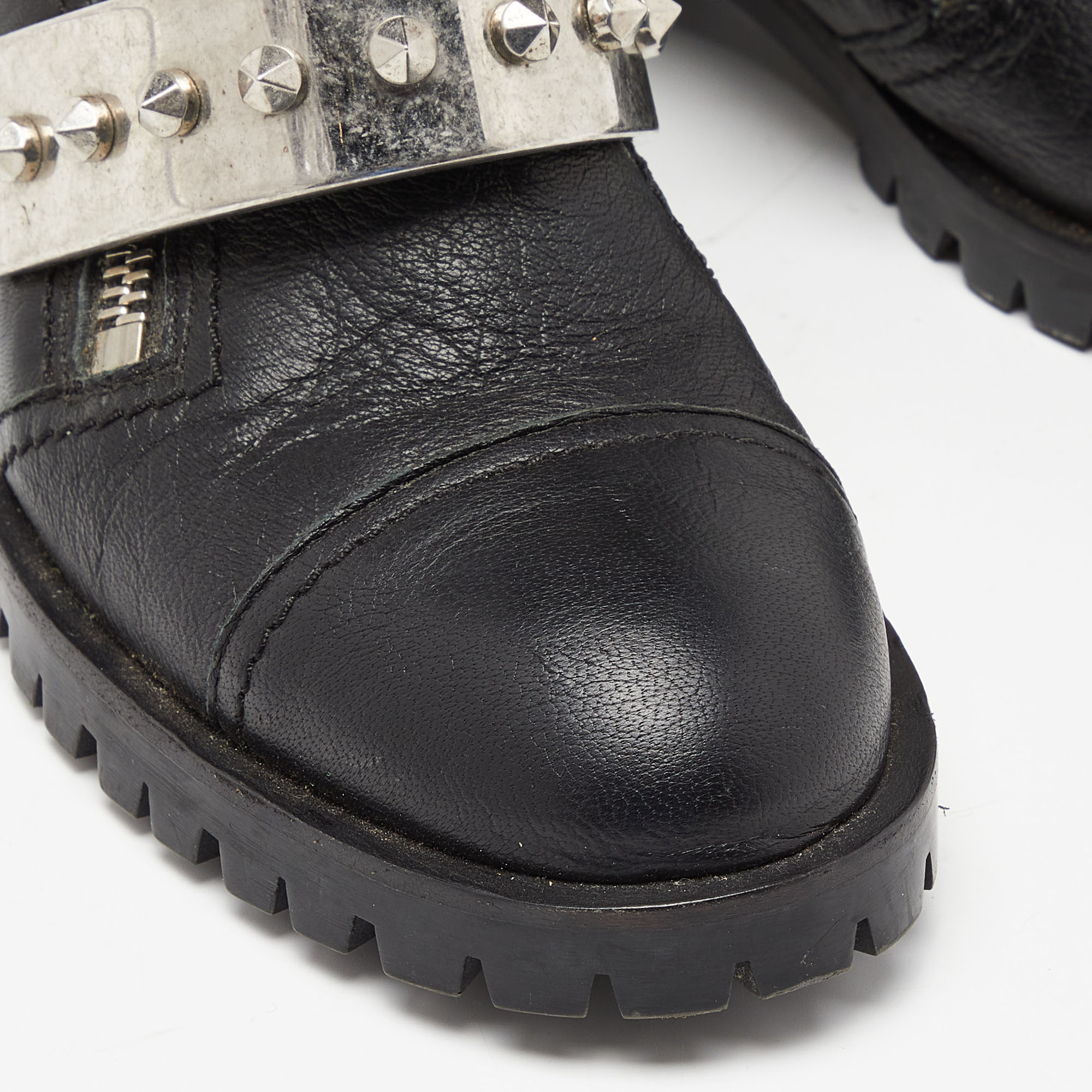 Alexander McQueen Black Leather Metal Bar Studded Biker Ankle Boots Size 37