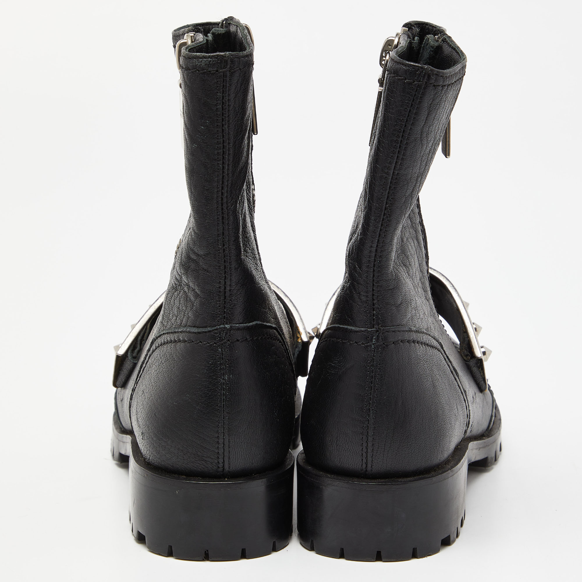 Alexander McQueen Black Leather Metal Bar Studded Biker Ankle Boots Size 37